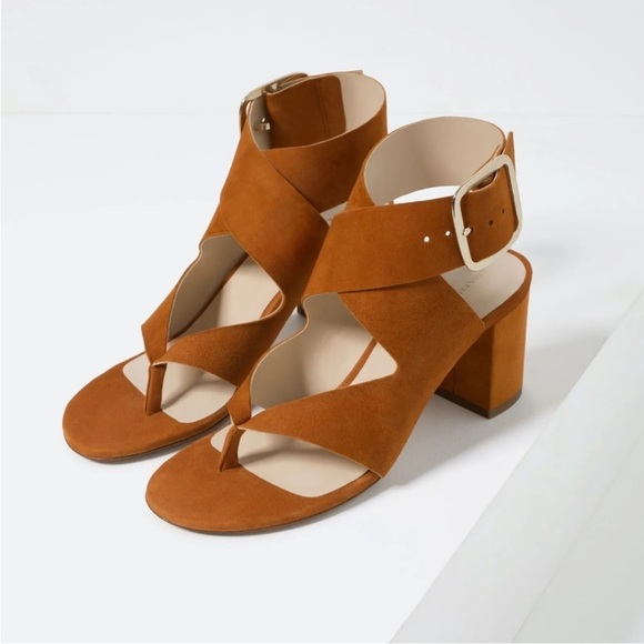 Zara Shoes - ZARA Faux Suede Leather High Heel Sandals With Buckle Wraparound Strap Tan 6US